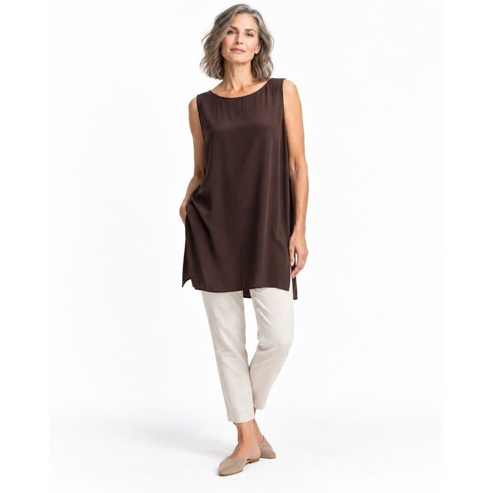 Eileen Fisher Georgette Chocolate Brown 100% Silk Sleeveless Tunic Top Size M